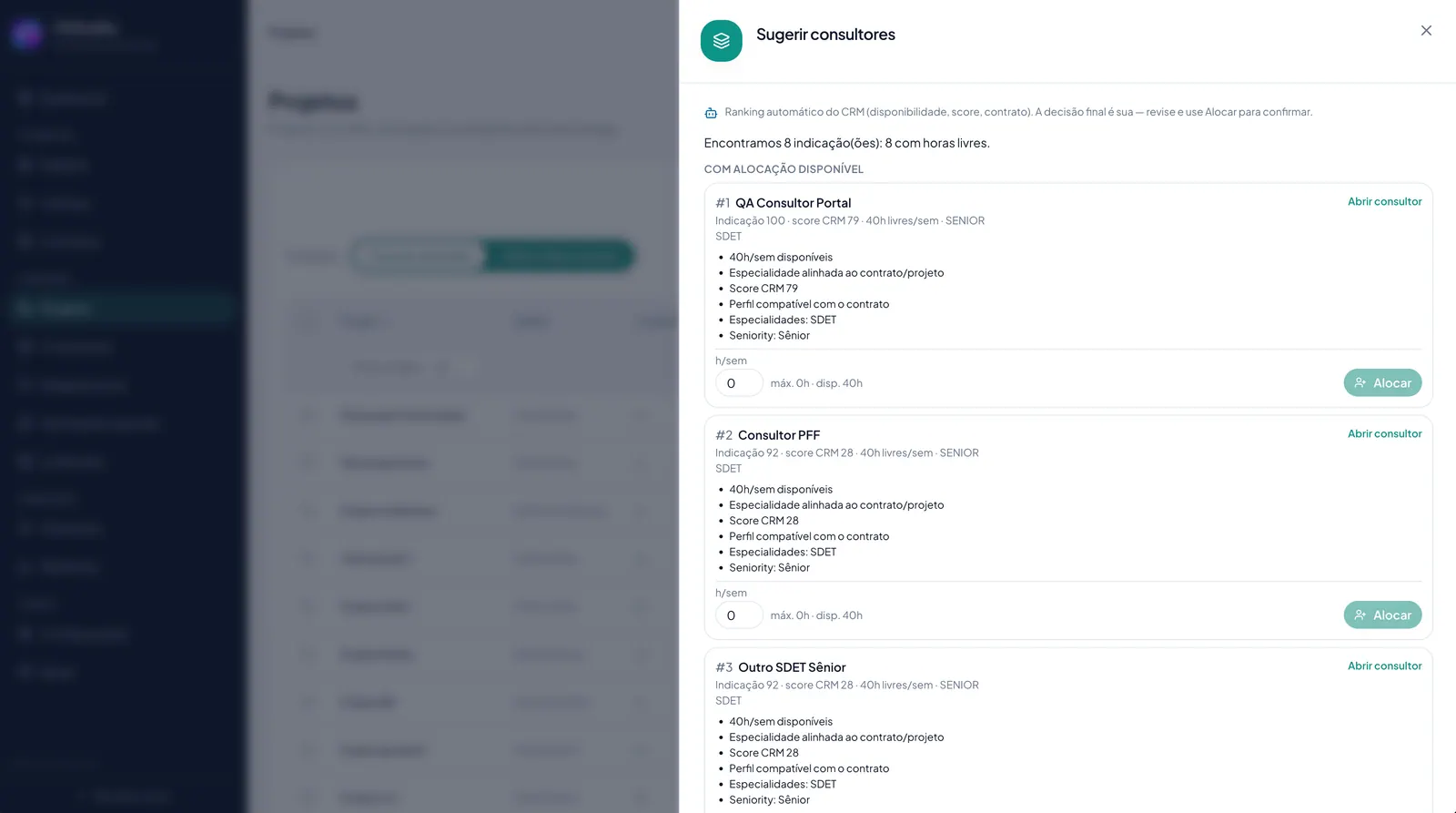 Sugestão de consultores no projeto