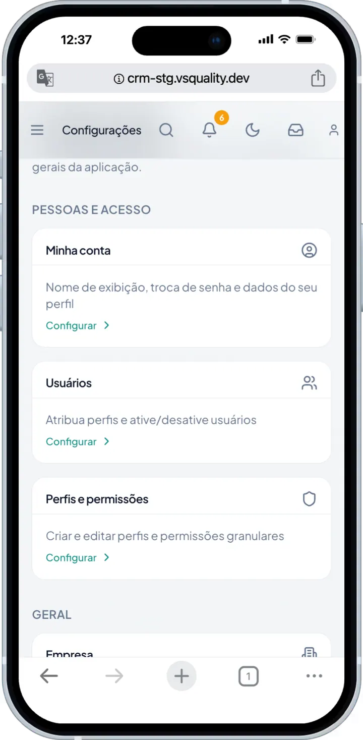 Configurações no celular