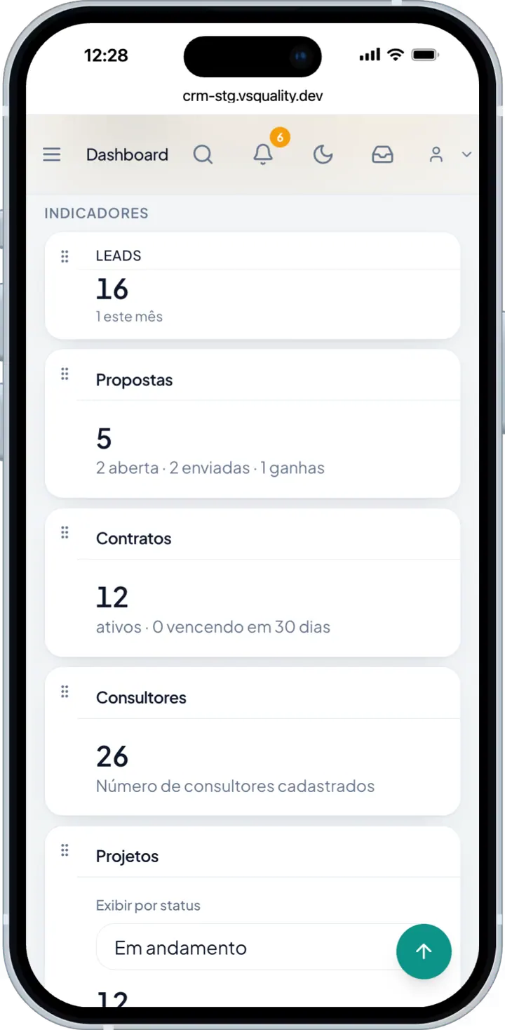 Dashboard do VSQ CRM no celular