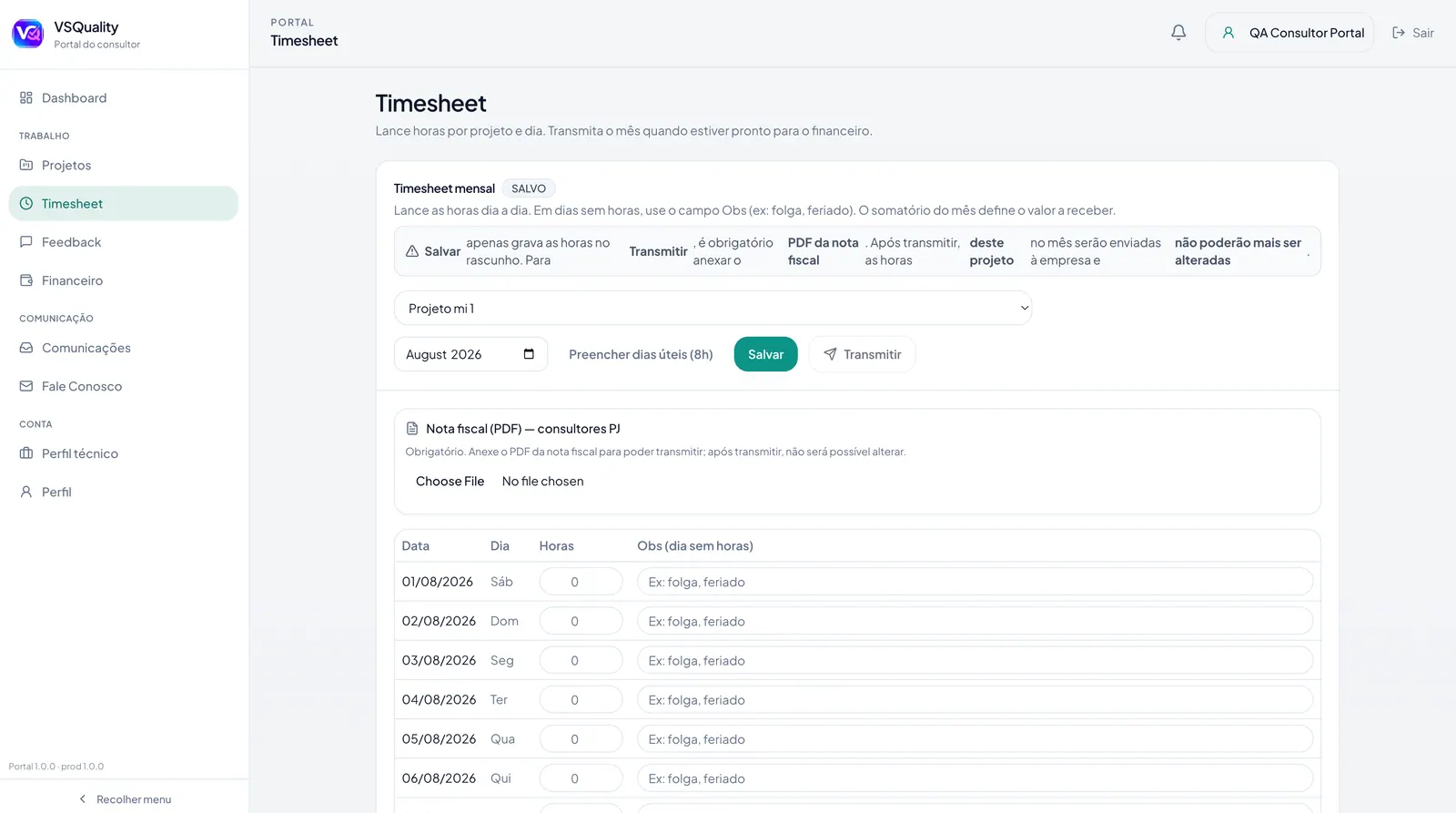 Timesheet do portal do consultor
